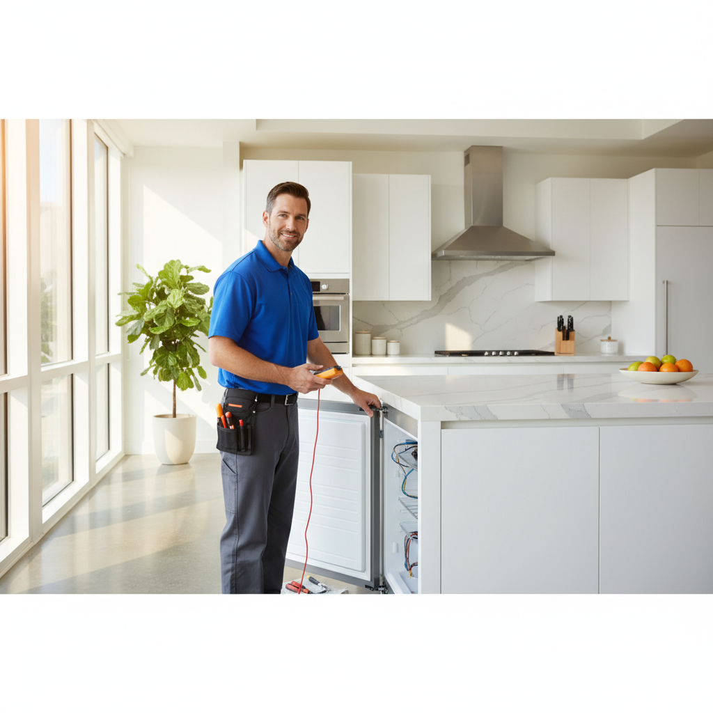Professional technician inspecting a built-in Viking refrigerator